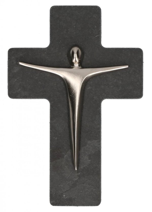 Schieferkreuz mit Corpus aus Feinmetall