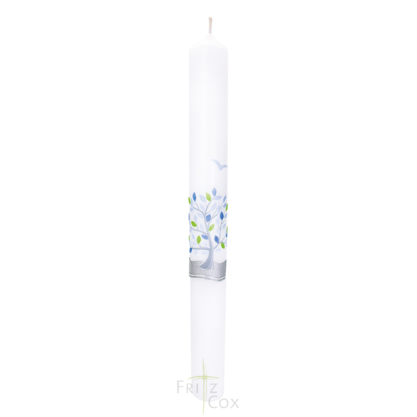 Baptismal Candle Tree Of Life Silver/Blue Fish, Water, Birds