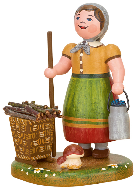 Landfrau mit Kanne und Holzkorb